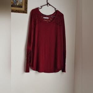 Maurices Blouse Women 2 Deep Red Long Sleeve Top Floral Lace Versatile Feminine
